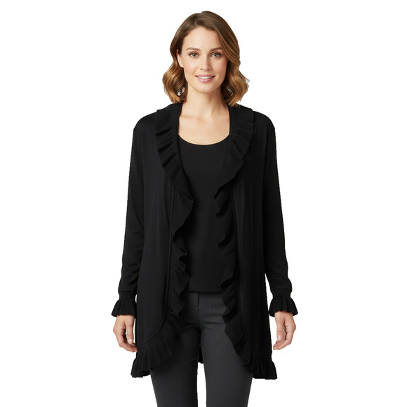 Misook Black Ruffled Knit Long Cardigan Sweater Jacket Size M 100% Acrylic - Picture 1 of 9